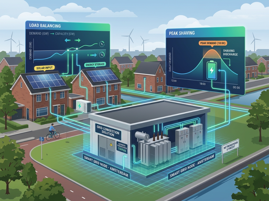 Smart Energy Hub — Typisch Nederlands corporatiecomplex met zonnepanelen en buurtbatterij