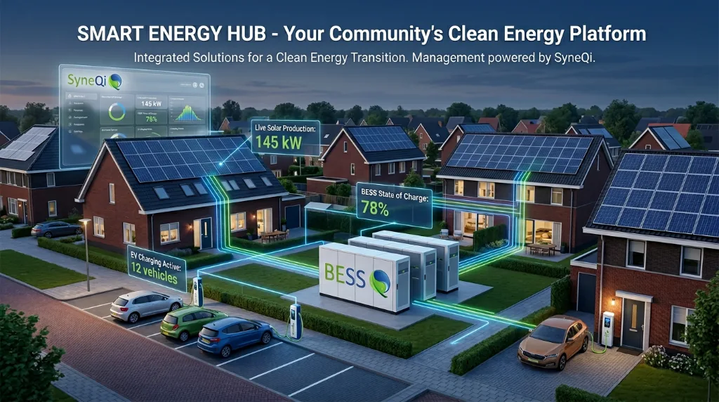 Nederlandse nieuwbouwwijk met zonnepanelen, buurtbatterij en laadinfrastructuur