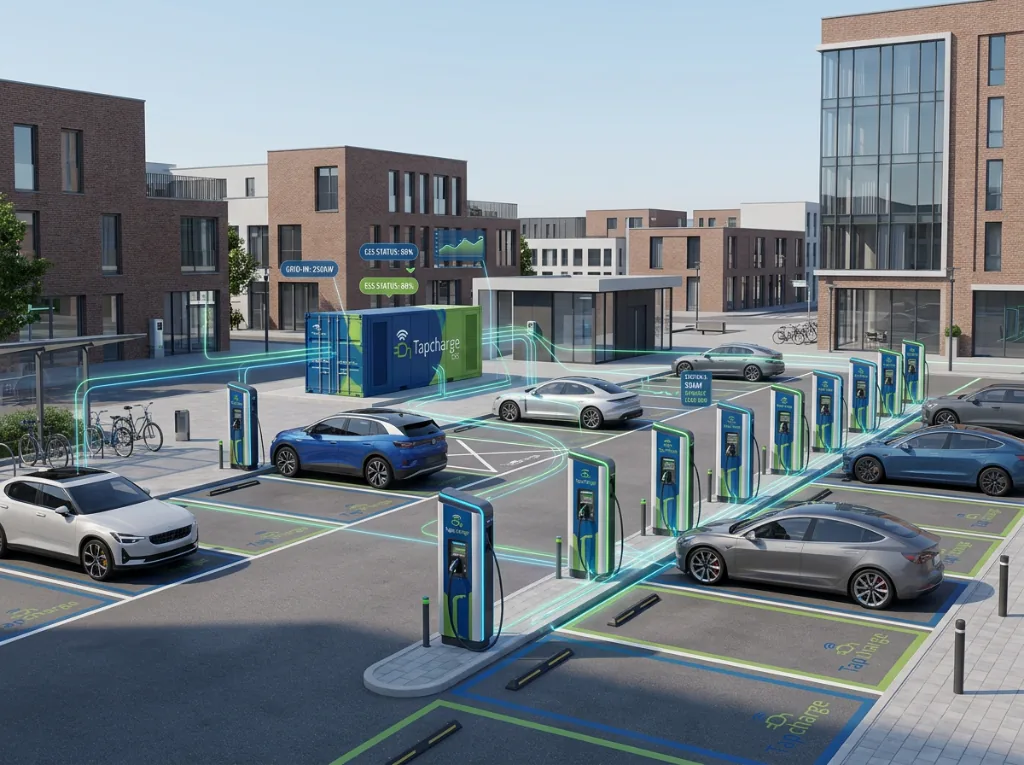 TapCharge Smart Mobility Hub — collectief laadplein met buurtbatterij en intelligente sturing