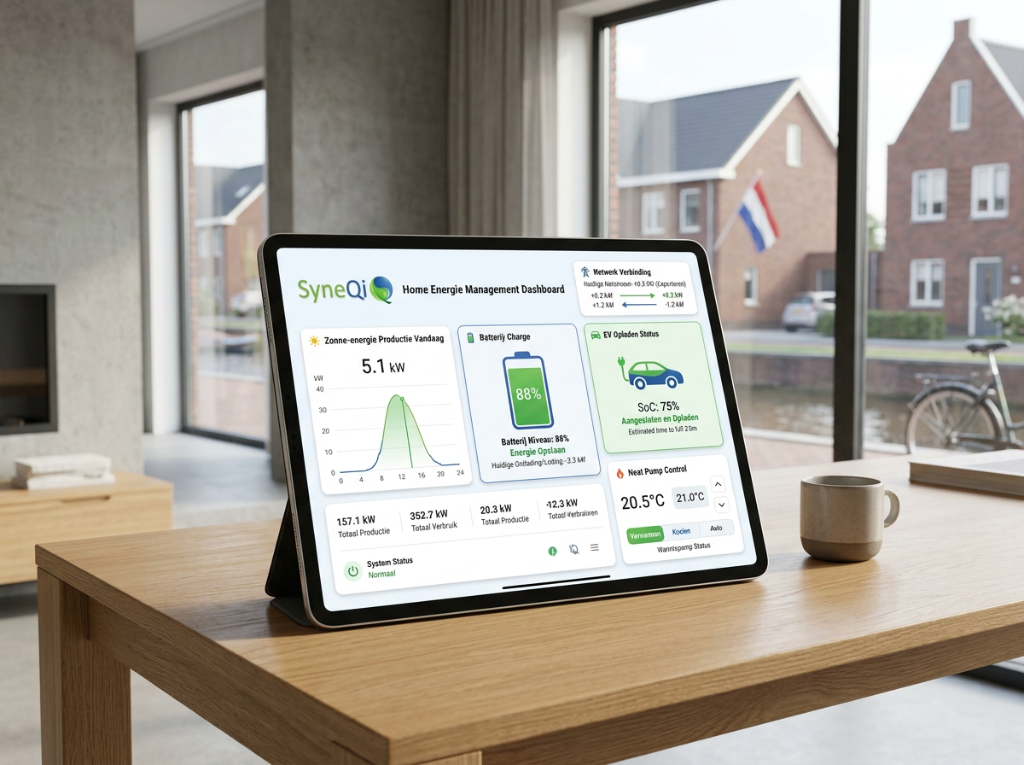 SyneQi Home Energie Management Dashboard — real-time monitoring van zonne-energie, batterij en EV-lading