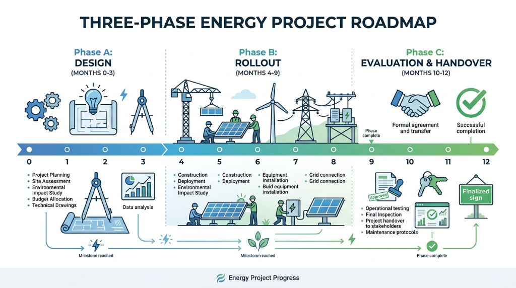 Smart Energy Hub — Drie fasen pilotplanningsoverzicht: Ontwerp, Uitrol, Evaluatie